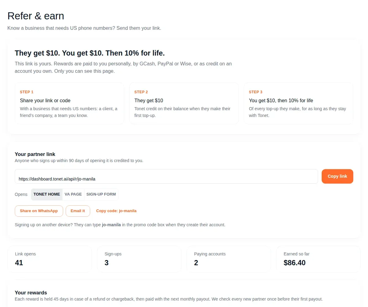 The Refer and earn page in the Tonet dashboard: they get $10, you get $10, then 10% for life, with the partner link, link opens, sign-ups, paying accounts and rewards