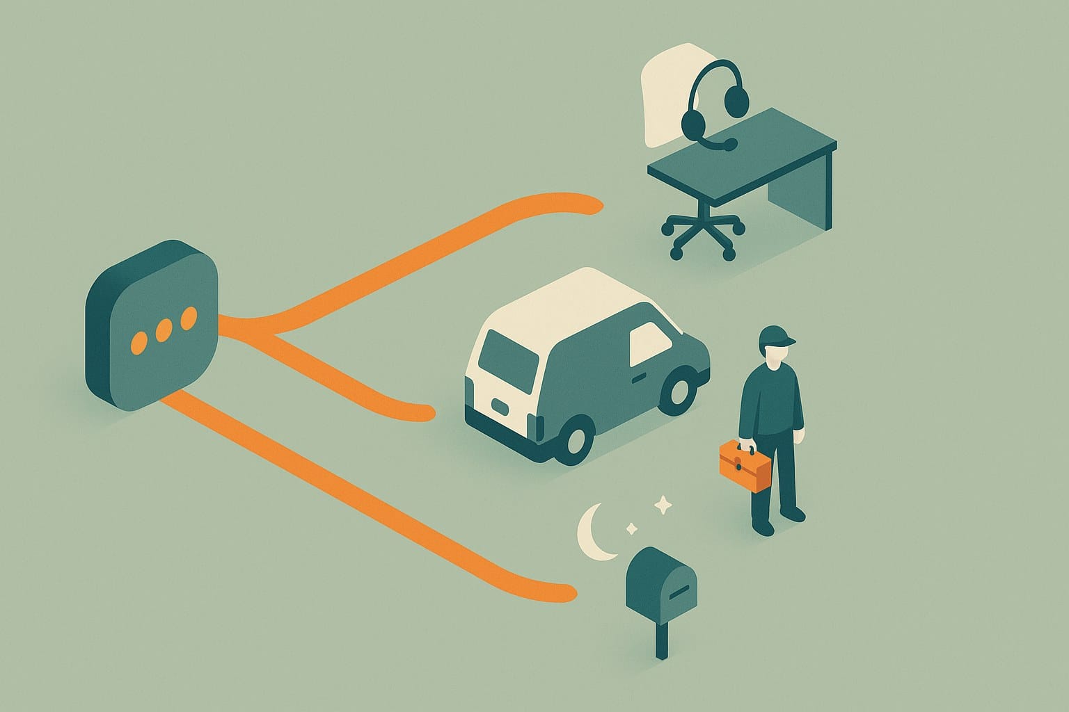 A phone keypad routing callers along three paths to a sales desk, a service technician and an after-hours voicemail box