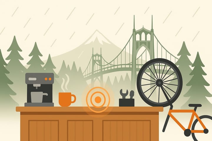 A Portland coffee and bike repair counter taking a call, with the St. Johns Bridge, evergreens and Mount Hood behind it in the rain