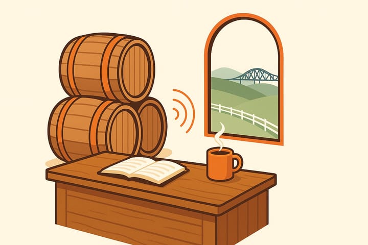 A Kentucky shop counter with bourbon barrels, a coffee mug and a ringing call, looking out on bluegrass hills, a white horse fence and an Ohio River bridge