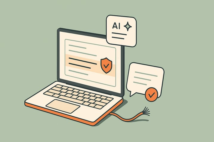 A laptop with a call list and a verified call, an AI summary card, a text bubble with a check mark, and a cut copper phone wire